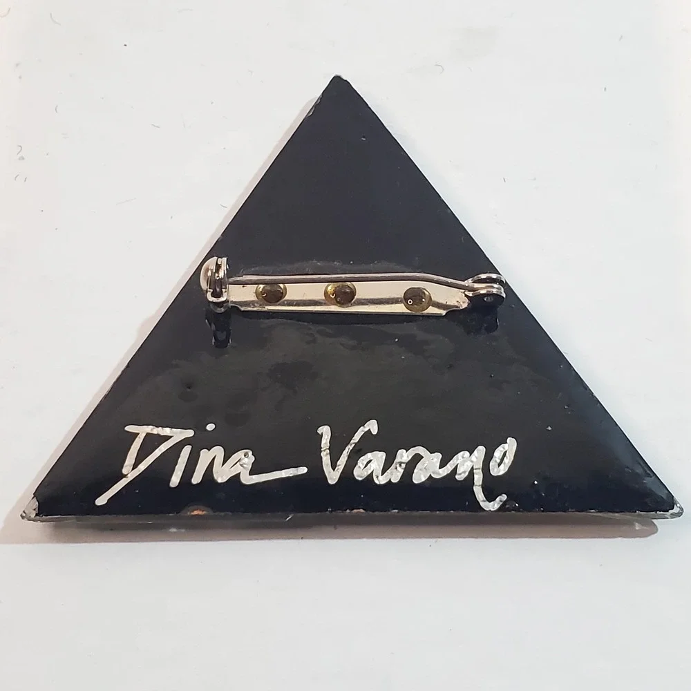 Vtg Dina Varano Art Deco Modernist Glass Prism Reverse Painted Black Gold Brooch